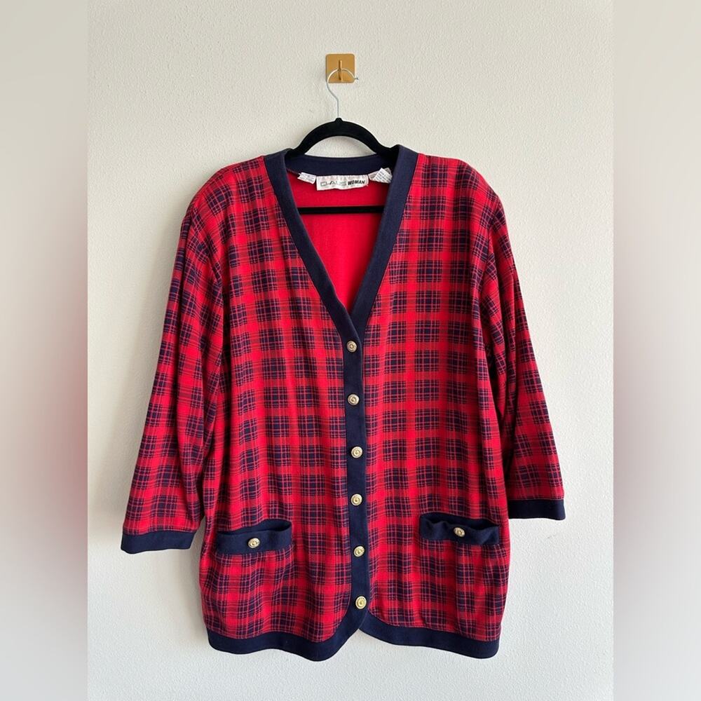Vintage 80s Chaus Woman Red Plaid Cardigan | Gold Button Preppy Knit Size 2x